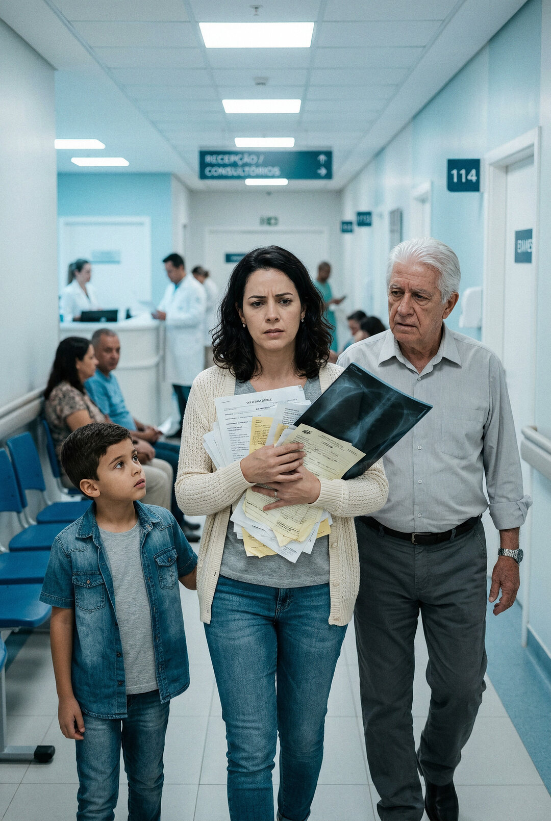 Mãe carrega uma pilha desorganizada de laudos e raio-x no corredor do hospital, acompanhada do filho e do pai idoso, todos preocupados