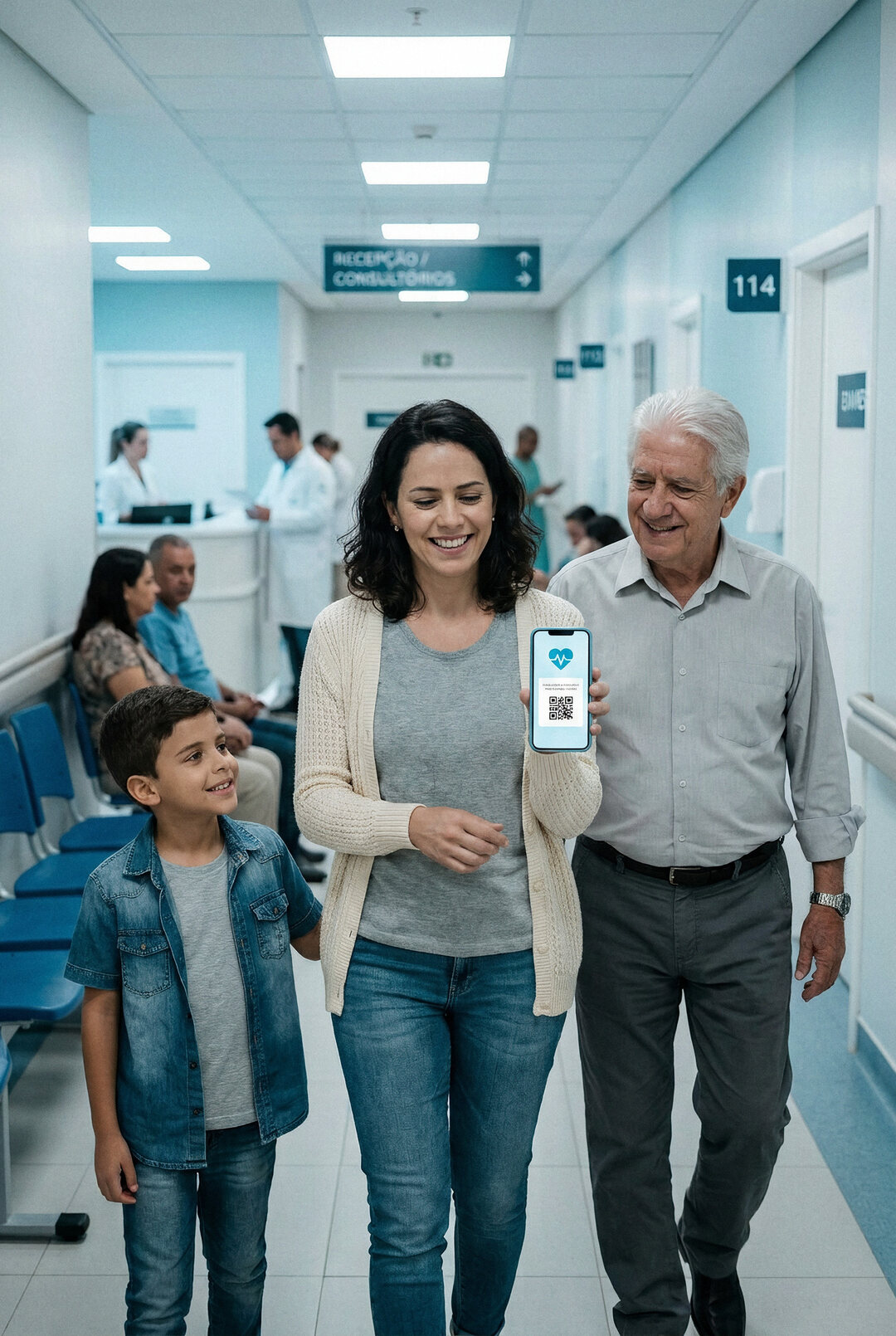 A mesma família sorrindo no corredor do hospital, a mãe mostra no celular o link e QR code do SuaSaúde para compartilhar os exames com o médico